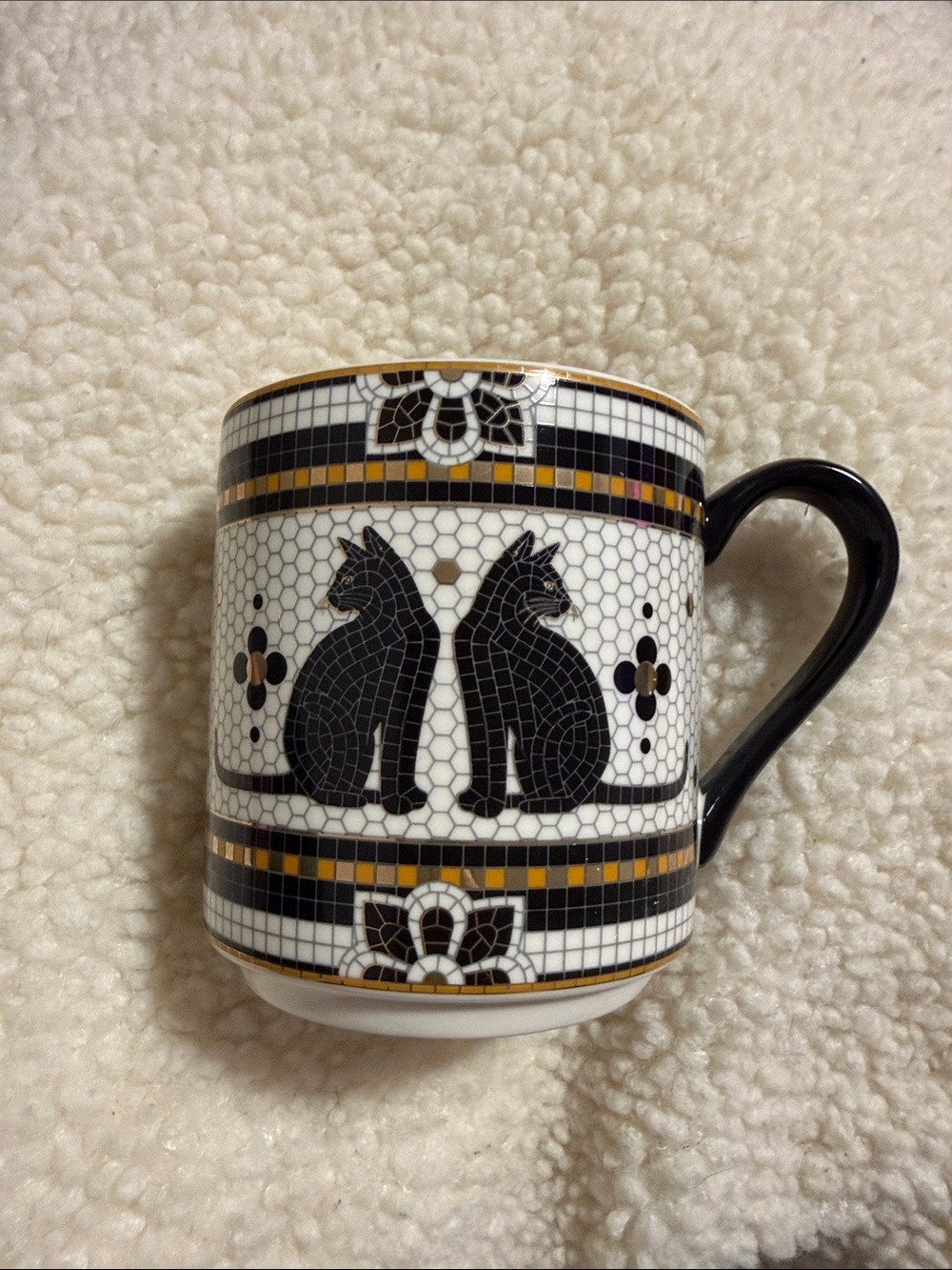 Anthropologie Bistro Tile Halloween Mug 24K Gold Accent Cat Mug